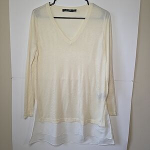 Lauren Ralph Lauren Beige and White V-Neck Tunic Longsleeve Pullover Top XS